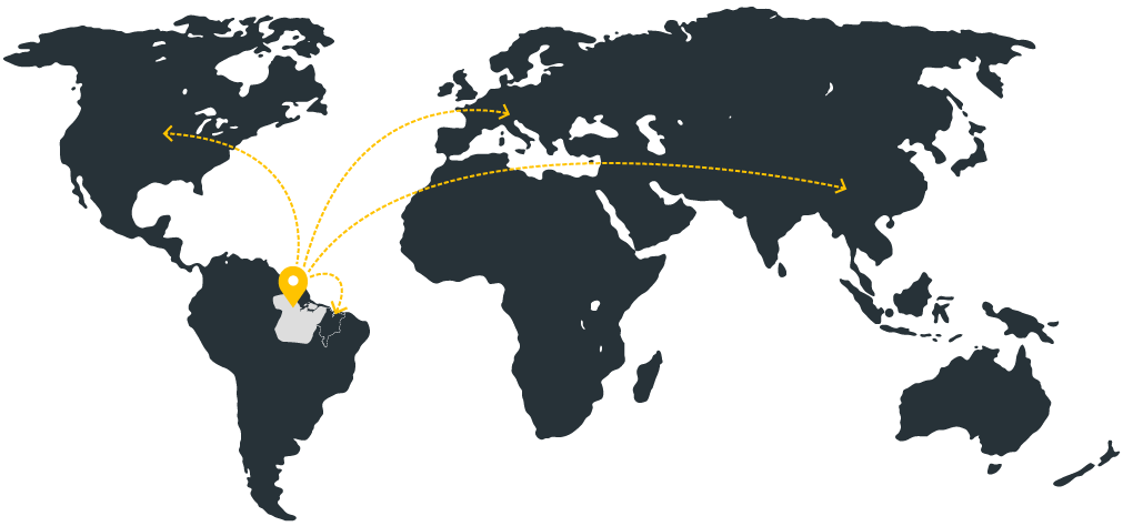 Mapa-mundí mostrando a exportação do Pará para América do Norte, Europa e Ásia